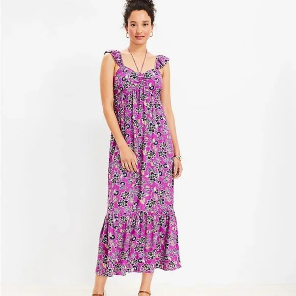 LOFT Hibiscus Ruffle Midi Halter Dress Purple Floral Size 12